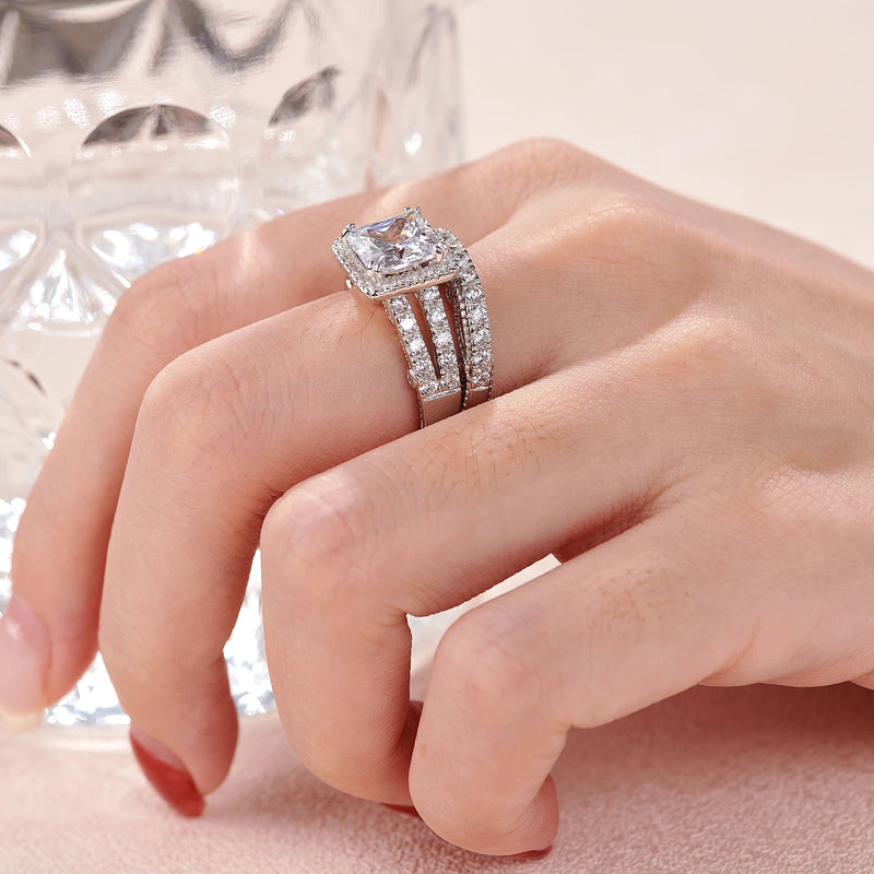 Anéis De Casamento Maravilhoso De Prata Esterlina para Mulheres, Princesa Corte, 5A Zircão Cúbico, Conjunto Nupcial, Jóias Finas, 4Ct, 2Pcs